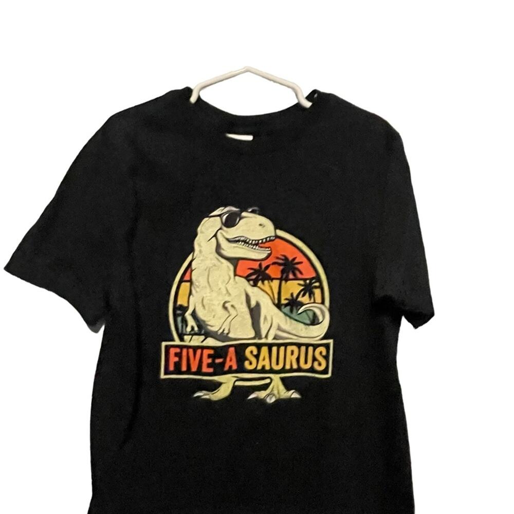 Boy's Birthday Shirt T-Rex Dinosaur Black Short Sleeve Five Years Old Youth Sm
